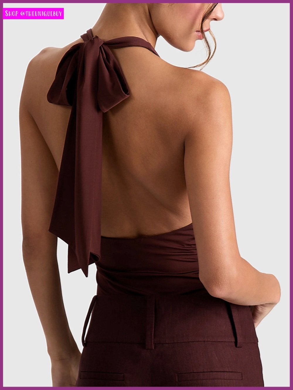 Alice + Olivia Pippa Open Back Bow Tie Mocha Brown Bodysuit Top